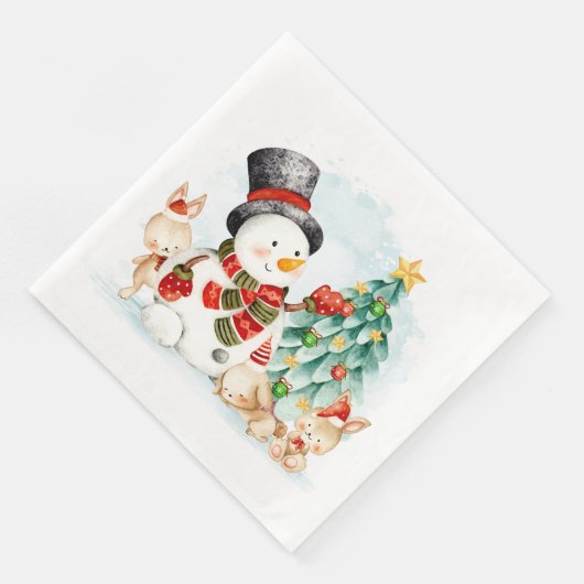 Adorables Weihnachten Schneemann Bunnies und Baum Serviette (Ecke)