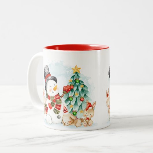 Adorables Weihnachten Schneemann Bunnies und Baum Zweifarbige Tasse (Vorderseite Links)