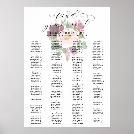 Adore Bloral Alphabetical Wedding Chart Poster (Vorne)