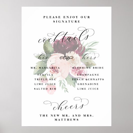 Adore Floral Seine & Hers Cocktails Hochzeitsschre Poster (Vorne)