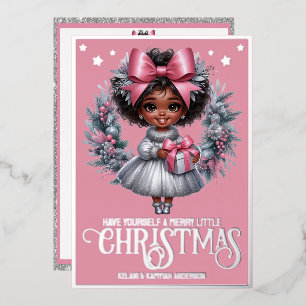 Adortable Afro Girl Pink & Silver Weihnachtskranz Folien Feiertagskarte