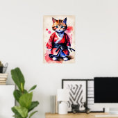 Adortable Baby Cat Samurai Aquarellkunst Poster (Heimbüro)