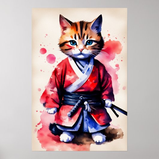Adortable Baby Cat Samurai Aquarellkunst Poster (Vorne)