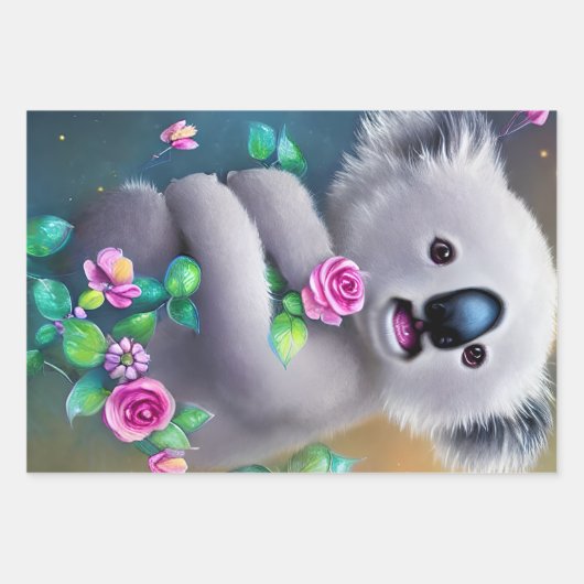 Adortable Baby Koala Bär mit Blume Geschenkpapier Set (Vorderseite 3)
