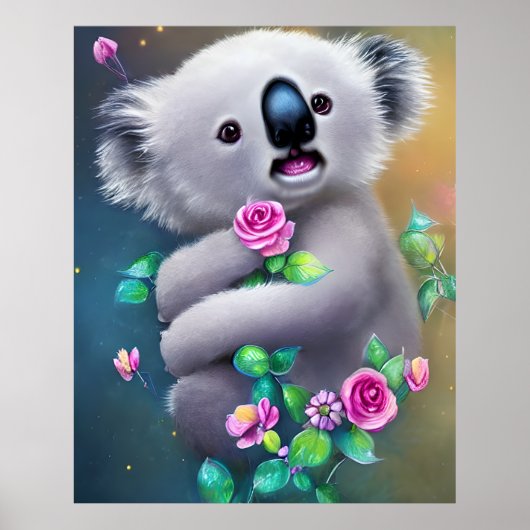 Adortable Baby Koala Bär mit Blume Poster (Vorne)