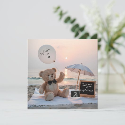 Adortable Bären und Beachside Pregnancy Ankündigun Einladung (Stehend Vorderseite)