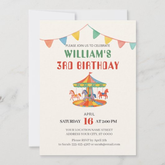 Adortable Carousel Geburtstag Einladung (Rückseite)