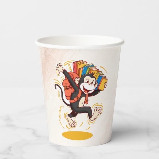 Adortable Cartoon Affe mit Büchern | Fun School Pappbecher (Rückseite)
