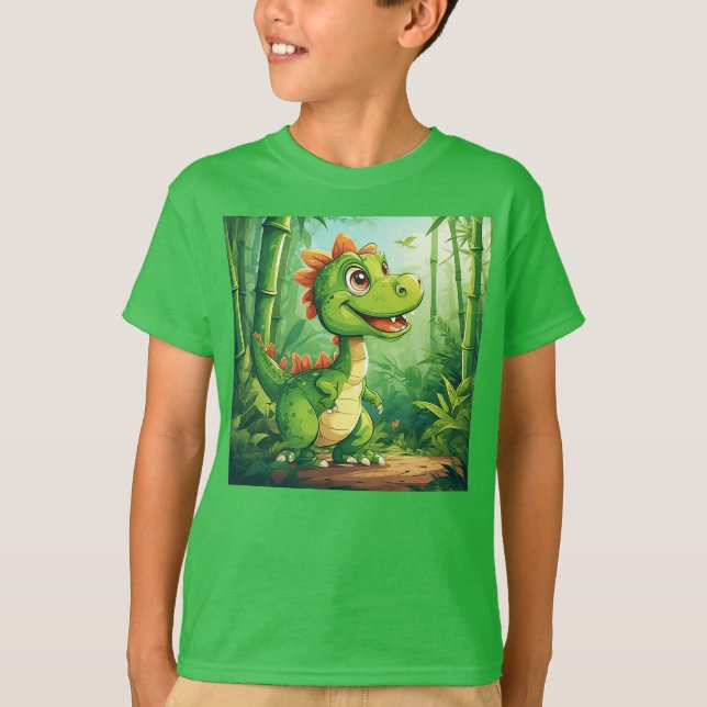 Adortable Cartoon Dinosaurier im Grünen Dschungel T-Shirt (Vorderseite)
