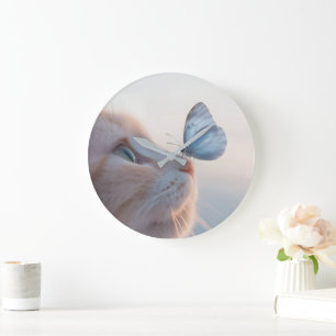 Adortable Cat & Blue Butterfly Große Wanduhr
