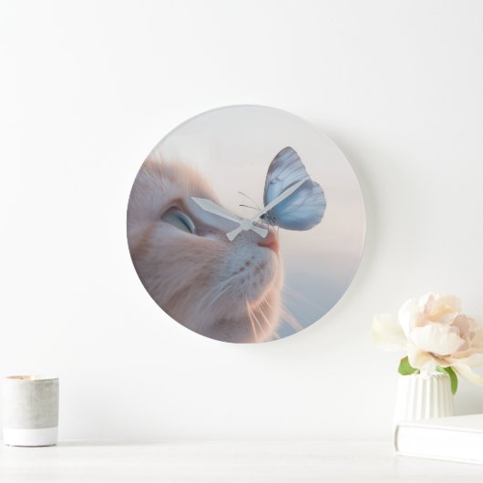 Adortable Cat & Blue Butterfly Große Wanduhr (Zuhause)