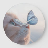 Adortable Cat & Blue Butterfly Große Wanduhr (Vorderseite)