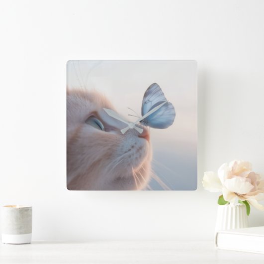 Adortable Cat & Blue Butterfly Quadratische Wanduhr (Zuhause)