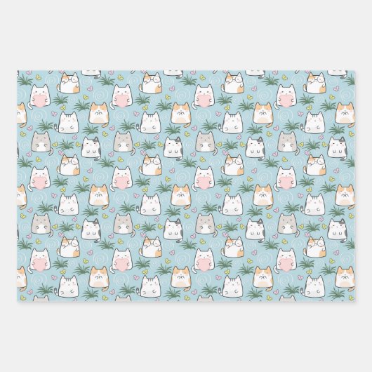 Adortable Cat Liebe Blue Themed Geschenkpapier Set (Vorderseite)
