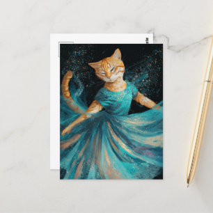 Adortable Dancing Ginger Cat in Blue Dress Postkarte