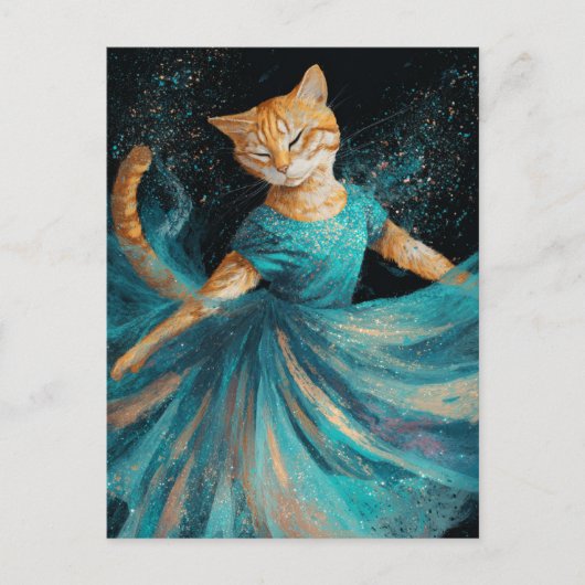 Adortable Dancing Ginger Cat in Blue Dress Postkarte (Vorderseite)