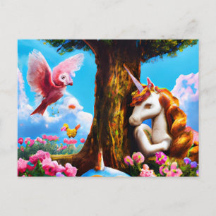 Adortable Einhorn und Rosa Vogel Fantasie Kinder K Postkarte