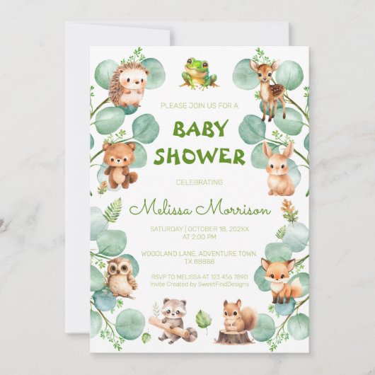 Adortable Forest Animals Baby Boy Dusche Einladung (Vorderseite)