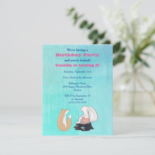 Adortable Fox und Kaninchen Illustrierte Geburtsta Einladung (Stehend Vorderseite)