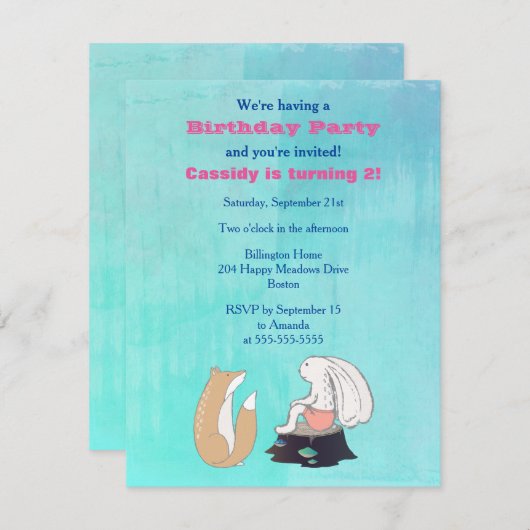 Adortable Fox und Kaninchen Illustrierte Geburtsta Einladung (Vorne/Hinten)