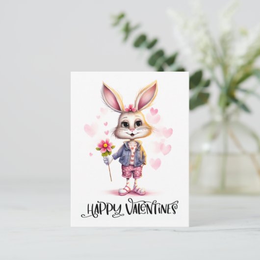 Adortable Funny Niedlich Valentine Rabbit Pink Blu Postkarte (Stehend Vorderseite)