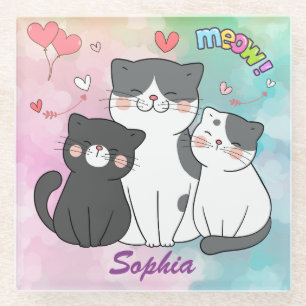 Adortable graue Katzen Meow Liebe Personalisiert Glasuntersetzer