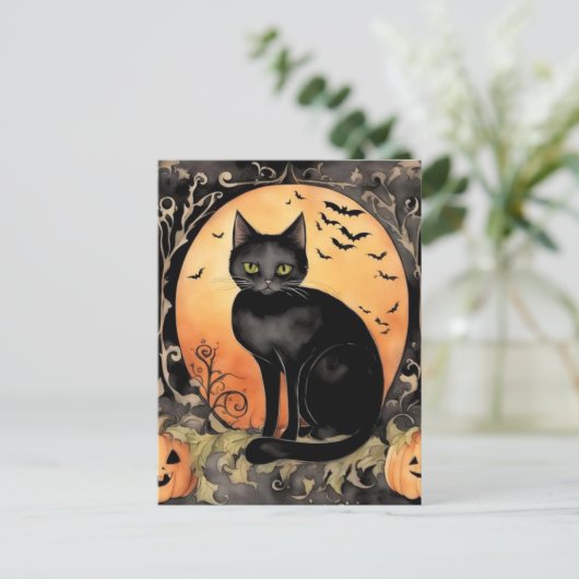 Adortable Halloween Black Cat Wasserfarbe Postkarte (Stehend Vorderseite)