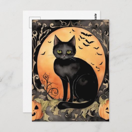 Adortable Halloween Black Cat Wasserfarbe Postkarte (Vorne/Hinten)