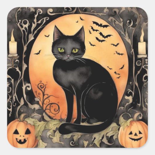 Adortable Halloween Black Cat Wasserfarbe Quadratischer Aufkleber (Vorderseite)