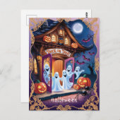 Adortable Halloween-Geister vor der Haustür Postkarte (Vorne/Hinten)