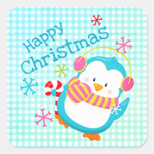 Adortable Happy Pinguin Colorful Modern Christmas Quadratischer Aufkleber (Vorderseite)