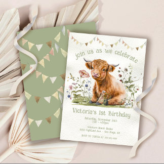 Adortable Highland Cow 1st Birthday Party Einladung