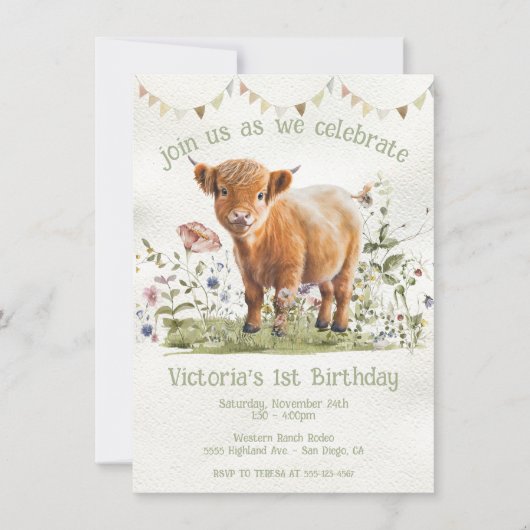 Adortable Highland Cow 1st Birthday Party Einladung (Vorderseite)