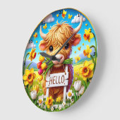 Adortable Highland Cow Spring Floral Große Wanduhr (Winkel)