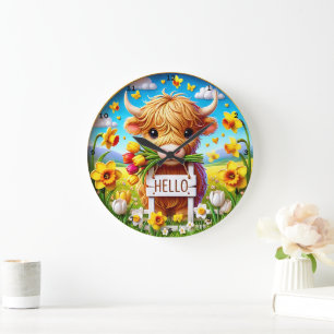 Adortable Highland Cow Spring Floral Große Wanduhr