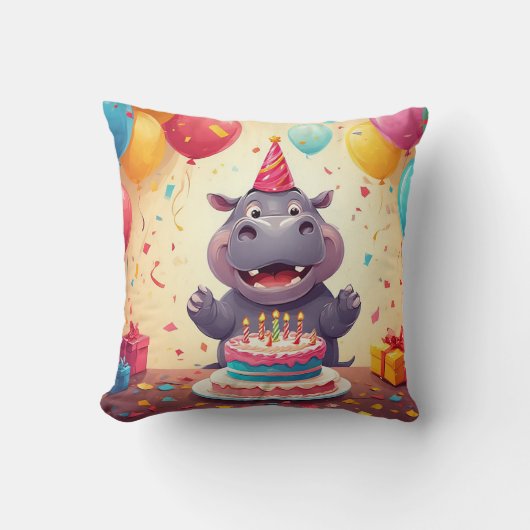 Adortable Hippo feiert Geburtstag mit Kuchen Kissen (Vorderseite)