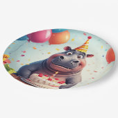 Adortable Hippo feiert Geburtstag mit Kuchen Pappteller (Schrägansicht)