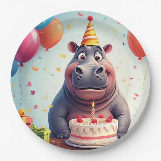 Adortable Hippo feiert Geburtstag mit Kuchen Pappteller (Vorderseite)