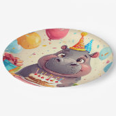 Adortable Hippo feiert Geburtstag mit Kuchen Pappteller (Schrägansicht)