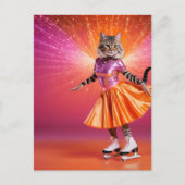 Adortable Ice Skaten Cat in Rosa Orange Postkarte (Vorderseite)