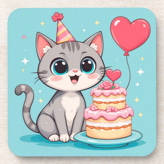 Adortable Katze feiert Geburtstag mit Kuchen Getränkeuntersetzer (Vorderseite)