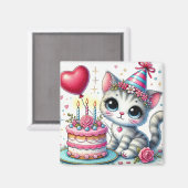 Adortable Katze feiert Geburtstag mit Kuchen Magnet (Vorderseite/Rückseite)