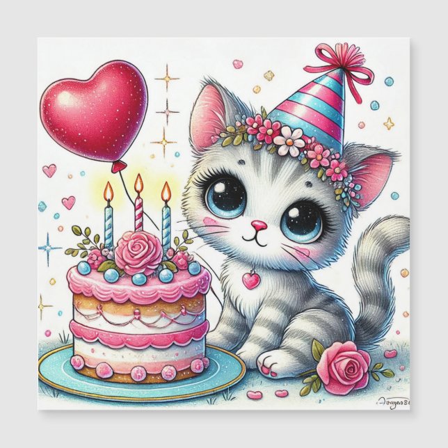 Adortable Katze feiert Geburtstag mit Kuchen Magnetkarte (Vorderseite)