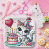 Adortable Katze feiert Geburtstag mit Kuchen Pappteller (Party)