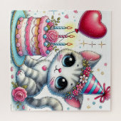 Adortable Katze feiert Geburtstag mit Kuchen Puzzle (Horizontal)