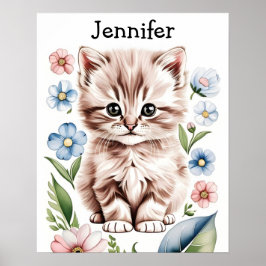 Adortable Kitten and Spring Flowers Poster