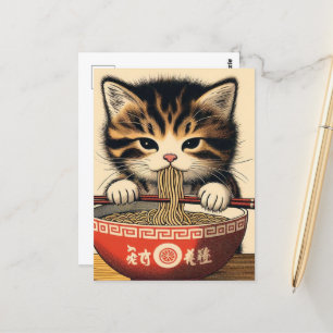Adortable Kitten Eating Ramen Woodblock Print Postkarte