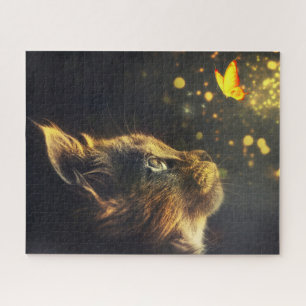 Adortable Kitten und Schmetterling in der Nacht Puzzle