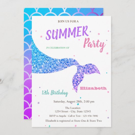 Adortable Meerjungfrau Schwanz, Scales Geburtstag Einladung (Vorne/Hinten)