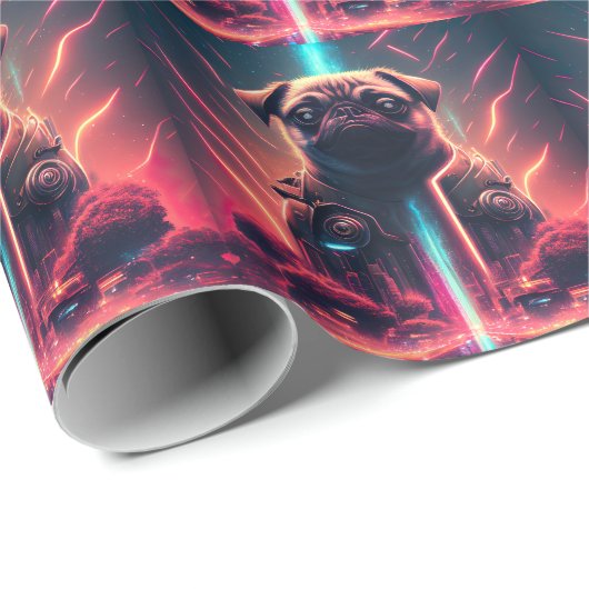 Adortable Mops in futuristischem Robot-Kostüm Geschenkpapier (Rolleneckpunkt)